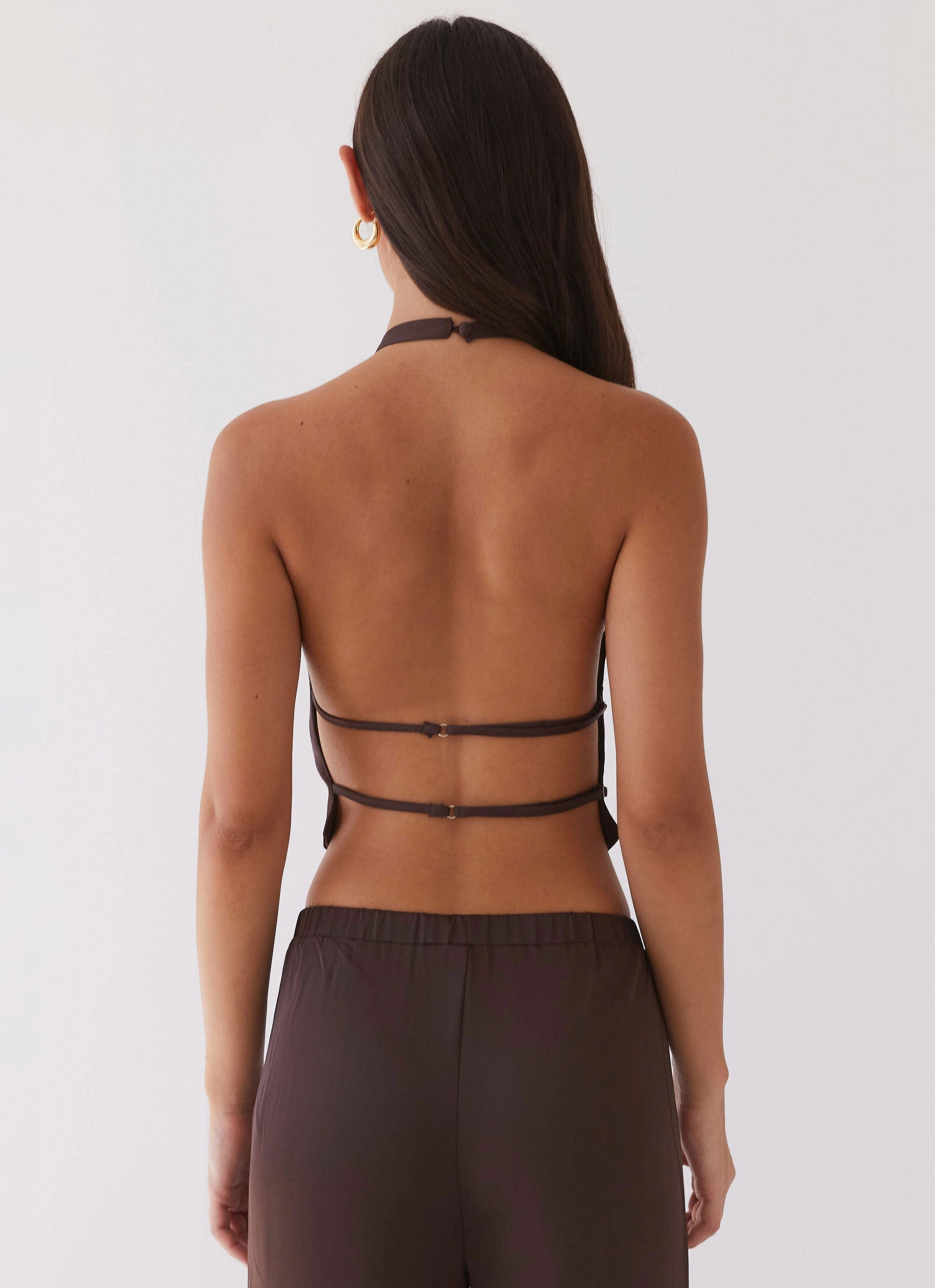 Non Restrictive Mobility LayeredNeckline Bree Satin Halterneck Top - Brown