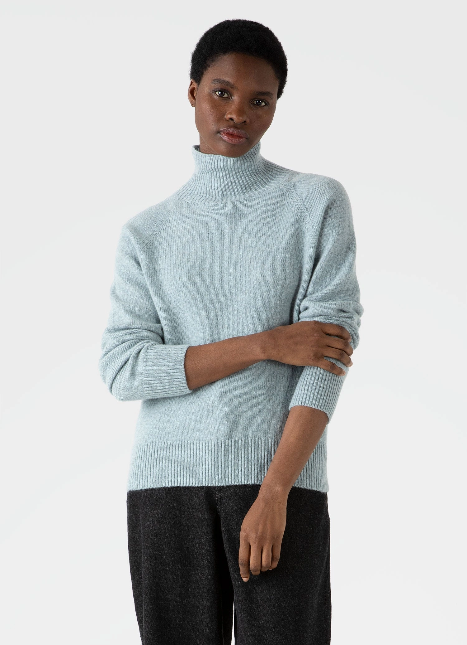 Breathable Knit Fabric Women's Lambswool Funnel Neck Jumper in Blue Sage