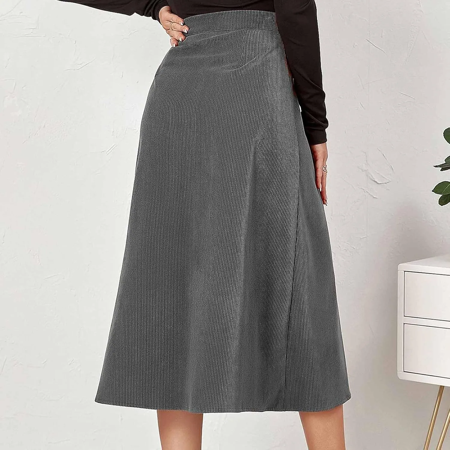 BTDECLAR Women's Corduroy Midi Skirt High Waisted Button Front Flowy A-Line Skirts Trendy Business Work Pencil Maxi Skirts