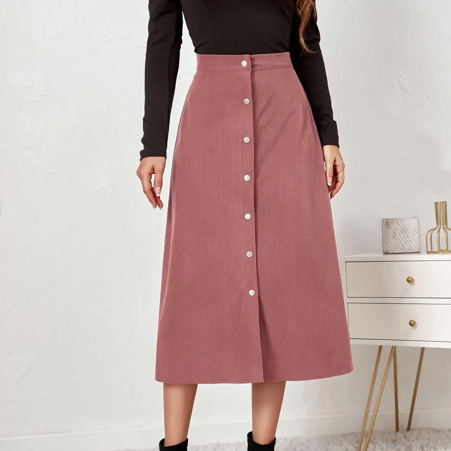BTDECLAR Women's Corduroy Midi Skirt High Waisted Button Front Flowy A-Line Skirts Trendy Business Work Pencil Maxi Skirts