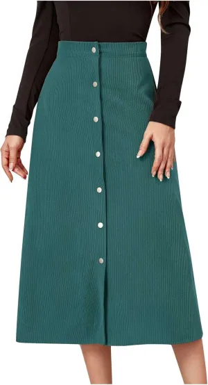 BTDECLAR Women's Corduroy Midi Skirt High Waisted Button Front Flowy A-Line Skirts Trendy Business Work Pencil Maxi Skirts