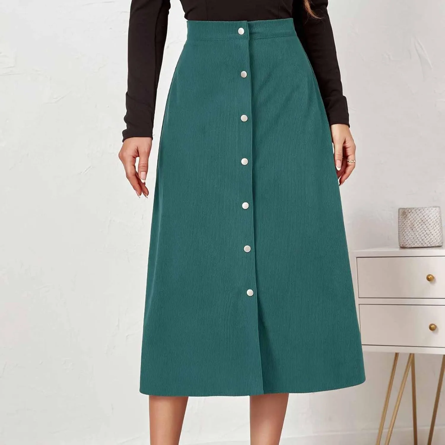 BTDECLAR Women's Corduroy Midi Skirt High Waisted Button Front Flowy A-Line Skirts Trendy Business Work Pencil Maxi Skirts