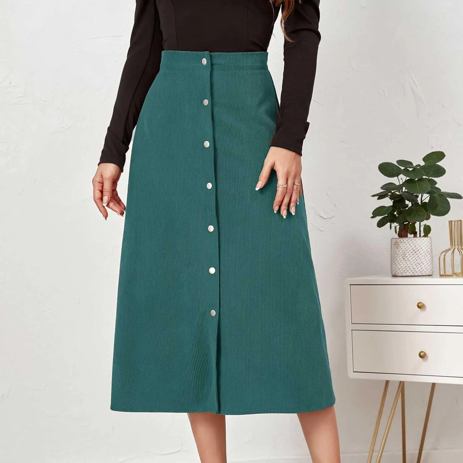 BTDECLAR Women's Corduroy Midi Skirt High Waisted Button Front Flowy A-Line Skirts Trendy Business Work Pencil Maxi Skirts