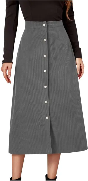 BTDECLAR Women's Corduroy Midi Skirt High Waisted Button Front Flowy A-Line Skirts Trendy Business Work Pencil Maxi Skirts