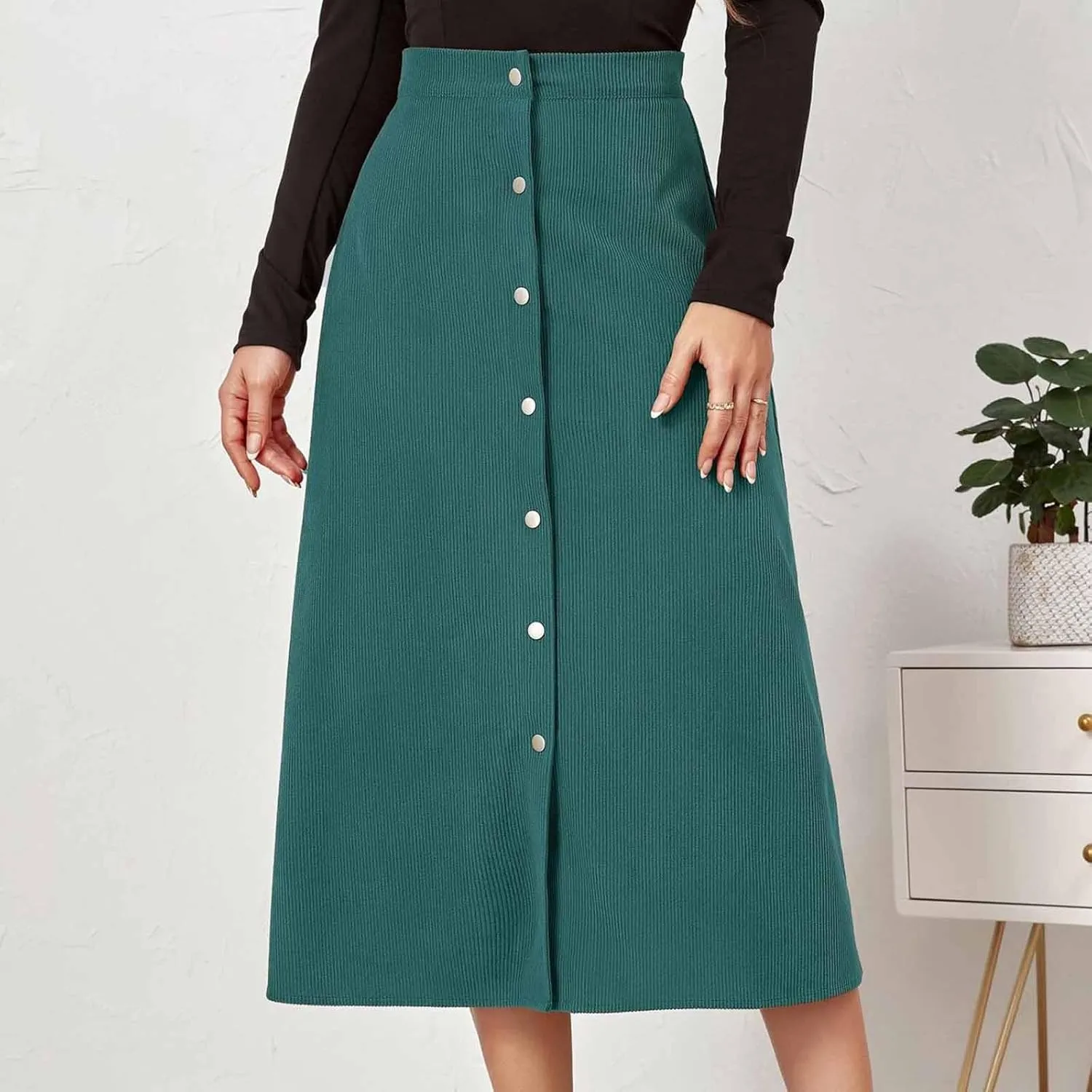 BTDECLAR Women's Corduroy Midi Skirt High Waisted Button Front Flowy A-Line Skirts Trendy Business Work Pencil Maxi Skirts