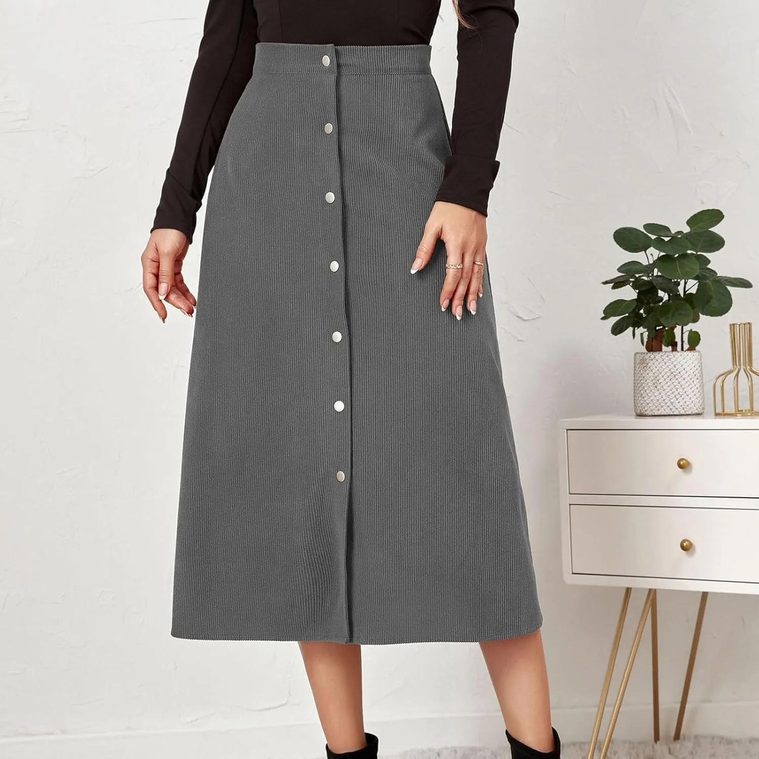 BTDECLAR Women's Corduroy Midi Skirt High Waisted Button Front Flowy A-Line Skirts Trendy Business Work Pencil Maxi Skirts