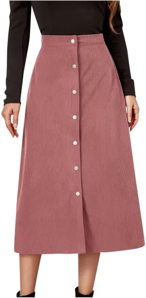 BTDECLAR Women's Corduroy Midi Skirt High Waisted Button Front Flowy A-Line Skirts Trendy Business Work Pencil Maxi Skirts