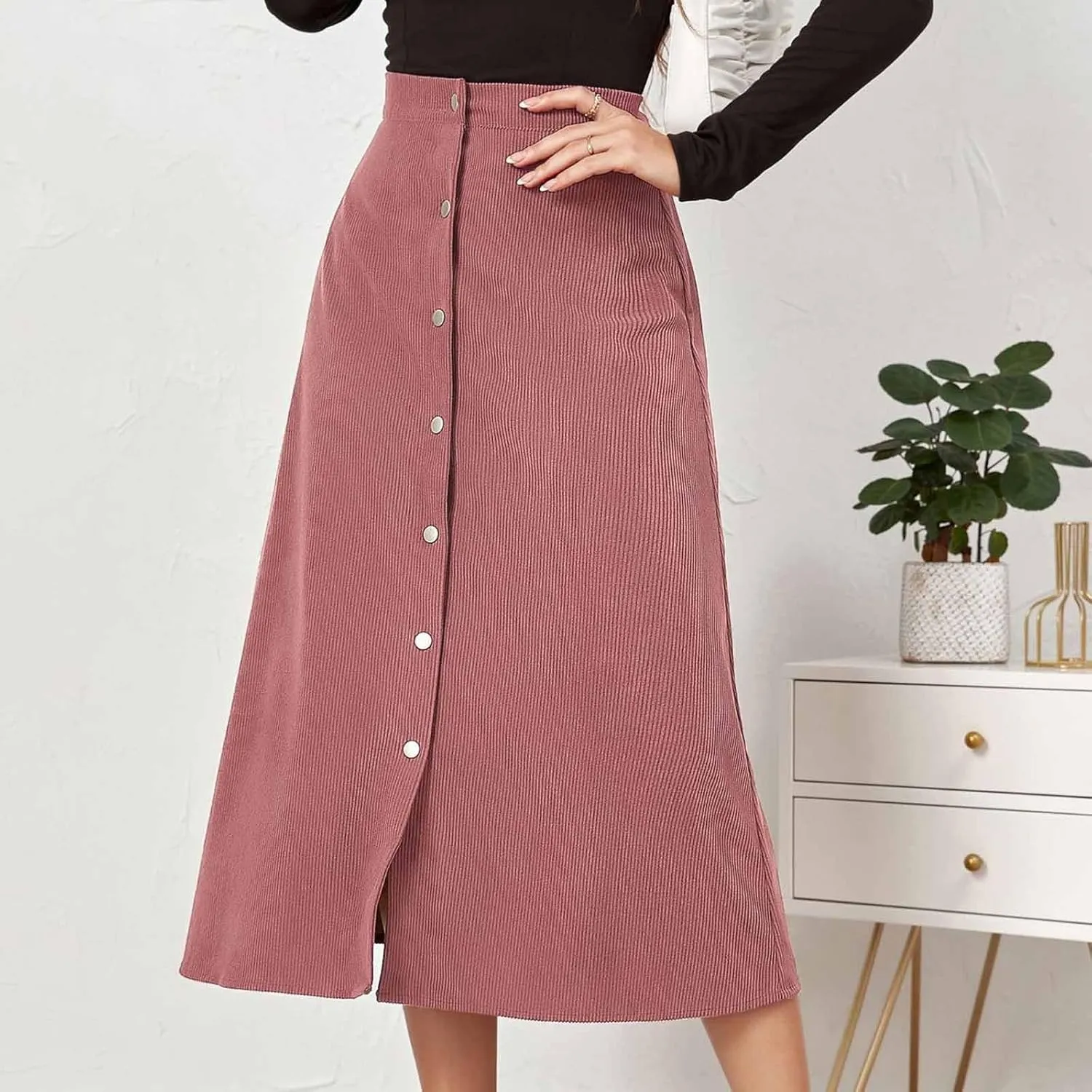 BTDECLAR Women's Corduroy Midi Skirt High Waisted Button Front Flowy A-Line Skirts Trendy Business Work Pencil Maxi Skirts
