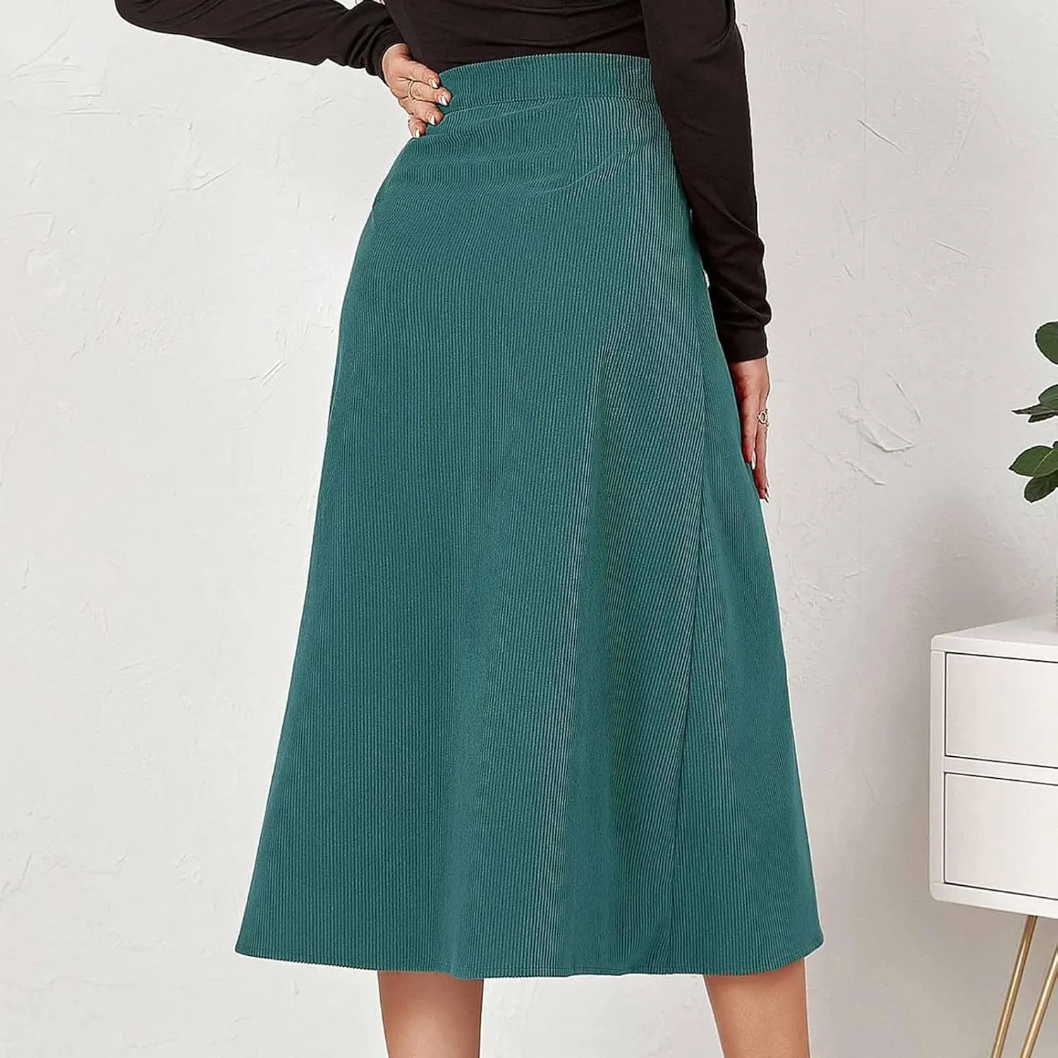 BTDECLAR Women's Corduroy Midi Skirt High Waisted Button Front Flowy A-Line Skirts Trendy Business Work Pencil Maxi Skirts
