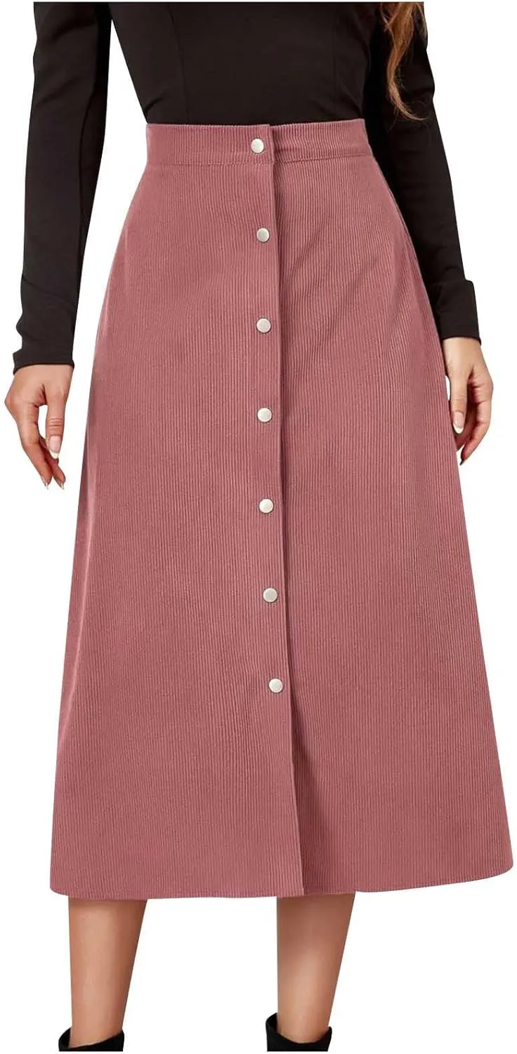 BTDECLAR Women's Corduroy Midi Skirt High Waisted Button Front Flowy A-Line Skirts Trendy Business Work Pencil Maxi Skirts