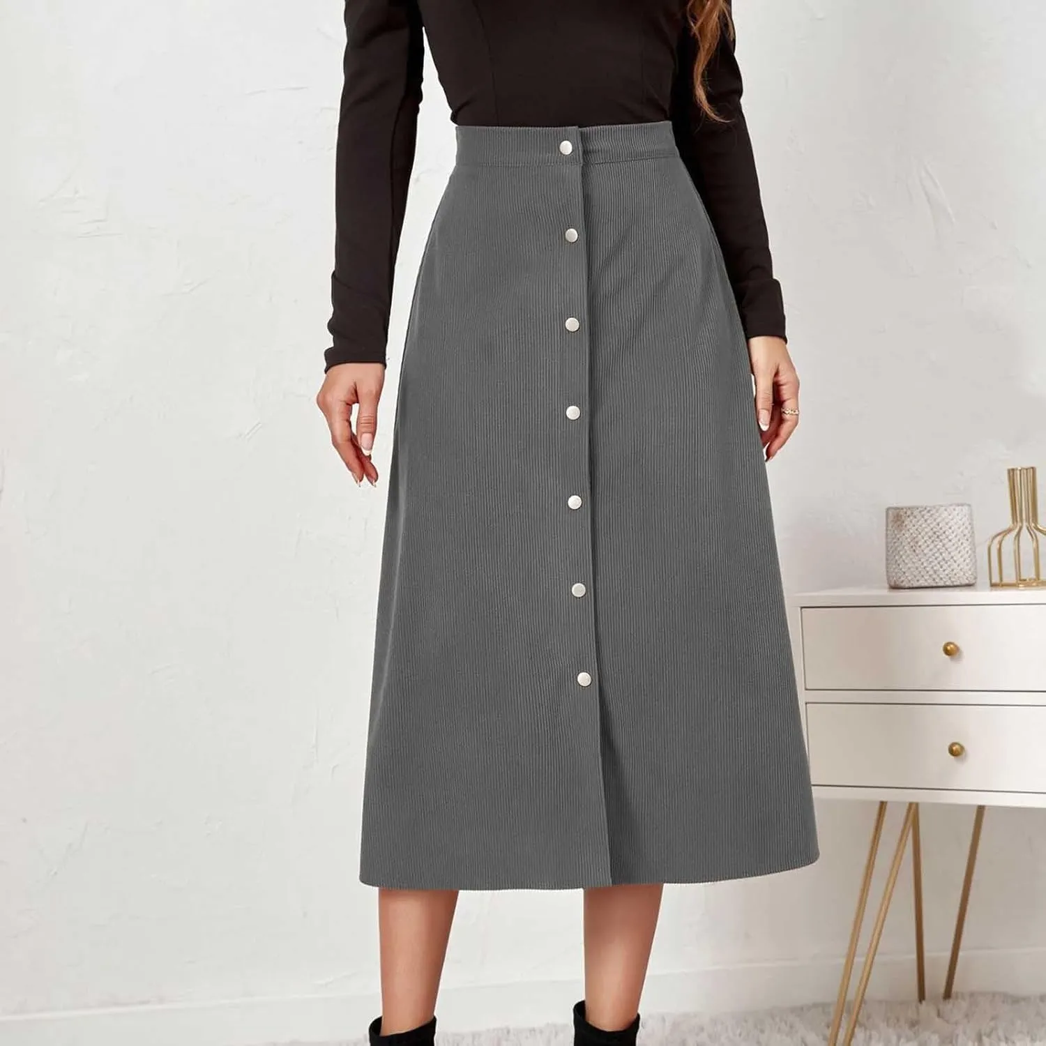 BTDECLAR Women's Corduroy Midi Skirt High Waisted Button Front Flowy A-Line Skirts Trendy Business Work Pencil Maxi Skirts