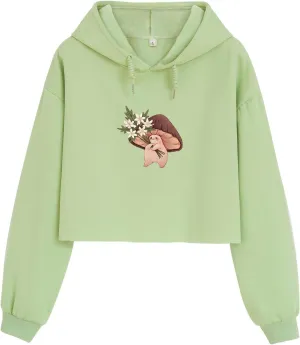 Bubeutou Women Cute Mushroom Cropped Hoodie Graphic Aesthetic Crop Sweatshirts for Teen Girls Cotton Cottagecore Pullover