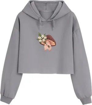 Bubeutou Women Cute Mushroom Cropped Hoodie Graphic Aesthetic Crop Sweatshirts for Teen Girls Cotton Cottagecore Pullover