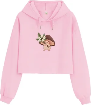 Bubeutou Women Cute Mushroom Cropped Hoodie Graphic Aesthetic Crop Sweatshirts for Teen Girls Cotton Cottagecore Pullover
