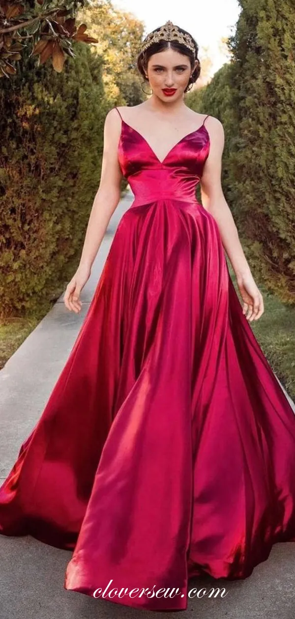 Burgundy Elastic Satin Spaghetti Strap A-line Prom Dresses, CP0584