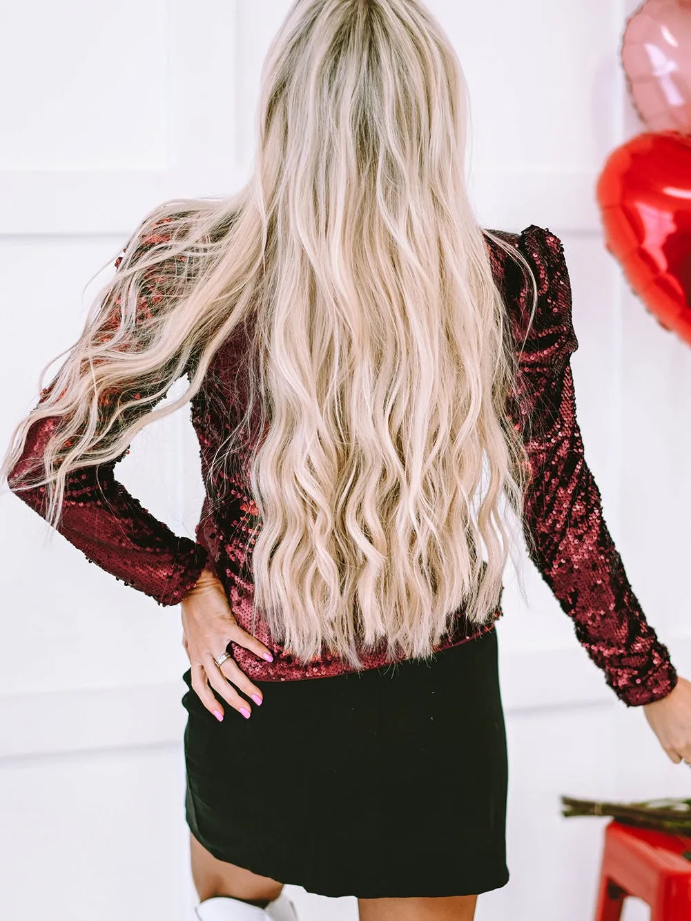 Burgundy Sequin High Neck Ruched Sleeve Top