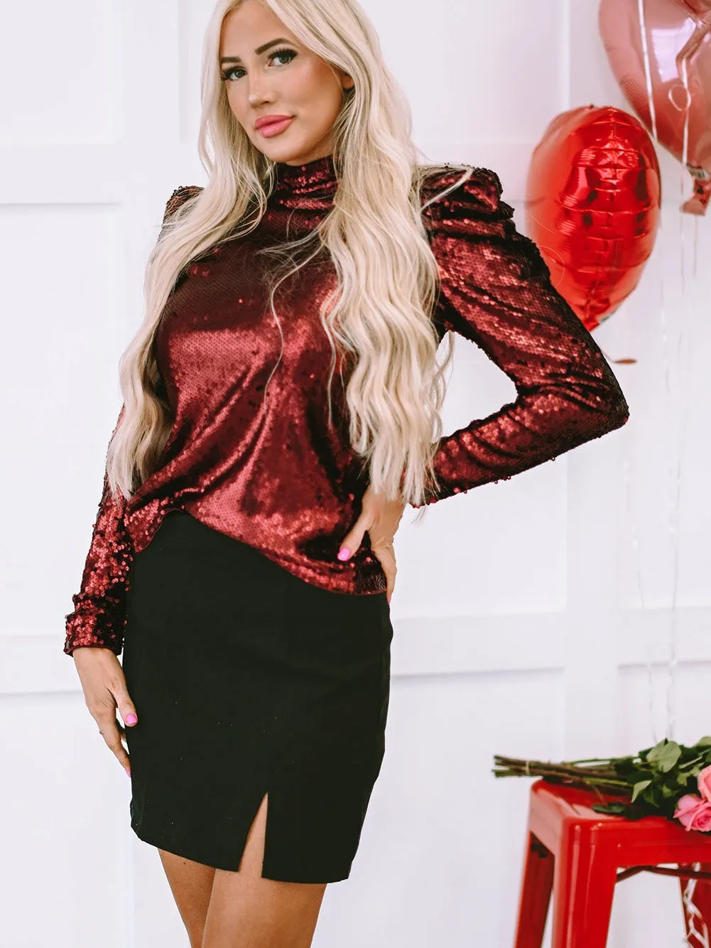 Burgundy Sequin High Neck Ruched Sleeve Top
