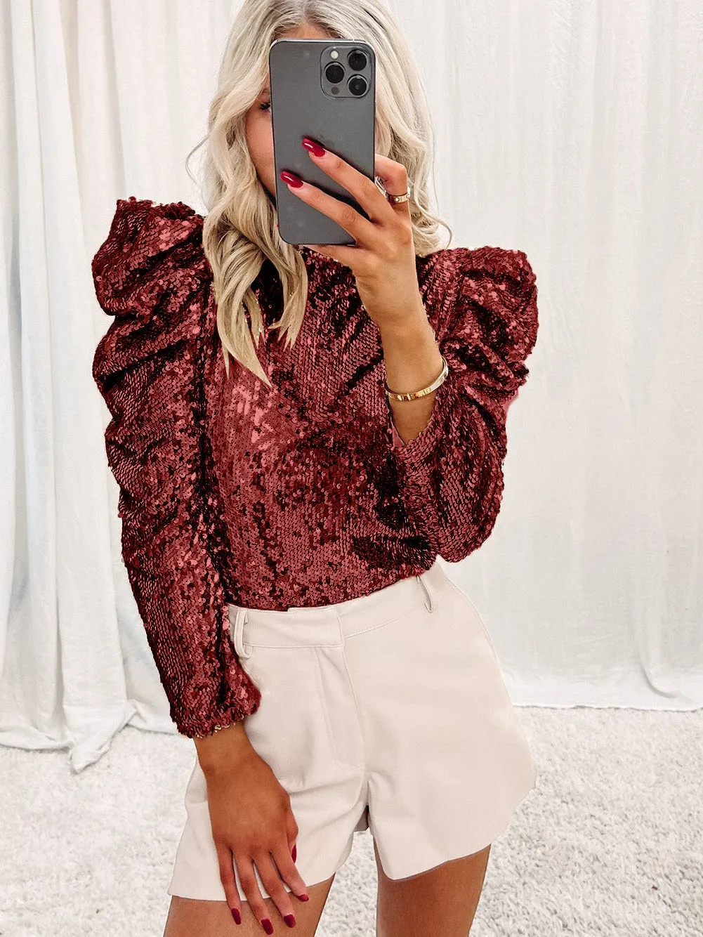 Burgundy Sequin High Neck Ruched Sleeve Top