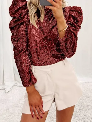 Burgundy Sequin High Neck Ruched Sleeve Top