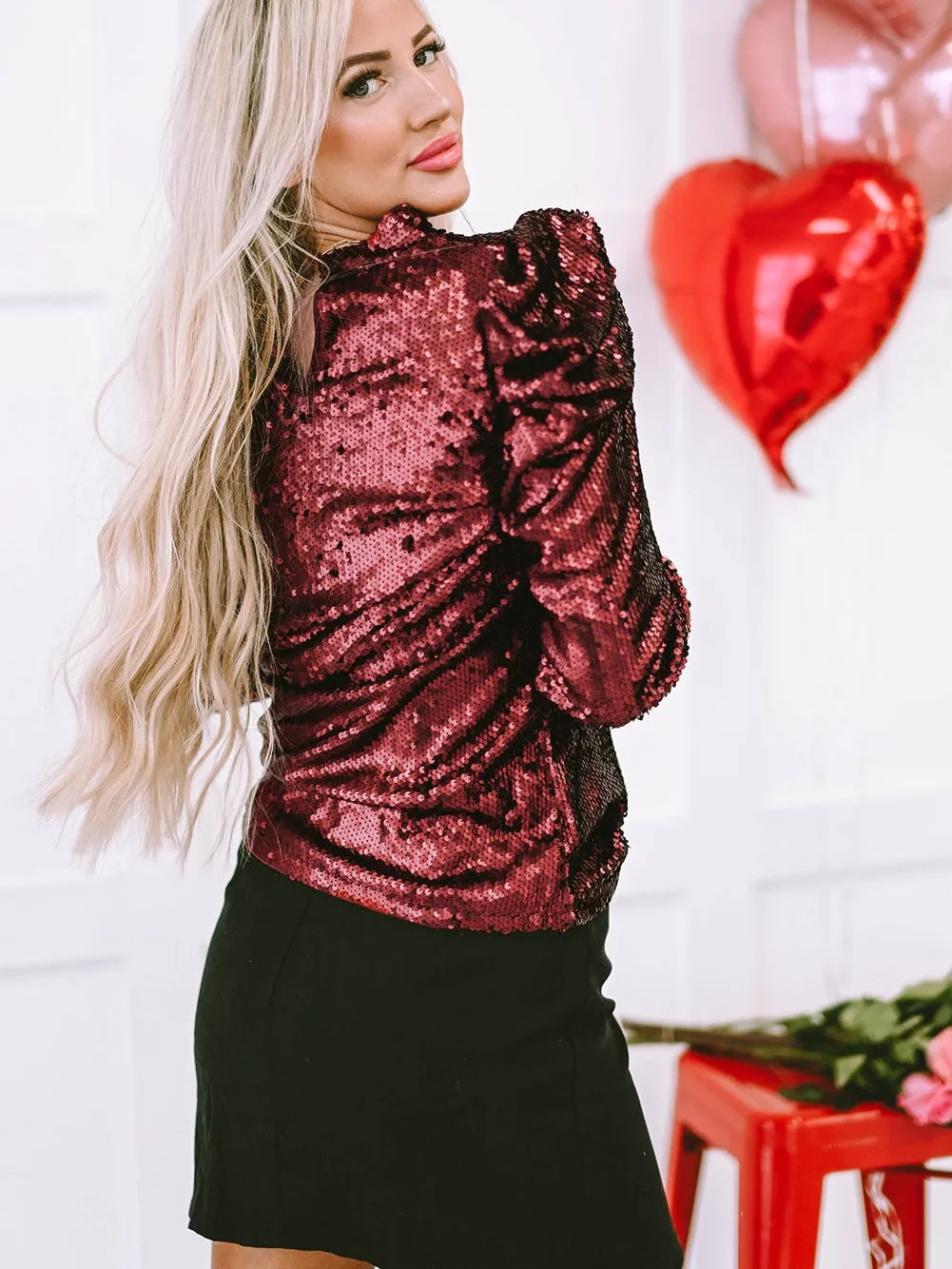 Burgundy Sequin High Neck Ruched Sleeve Top