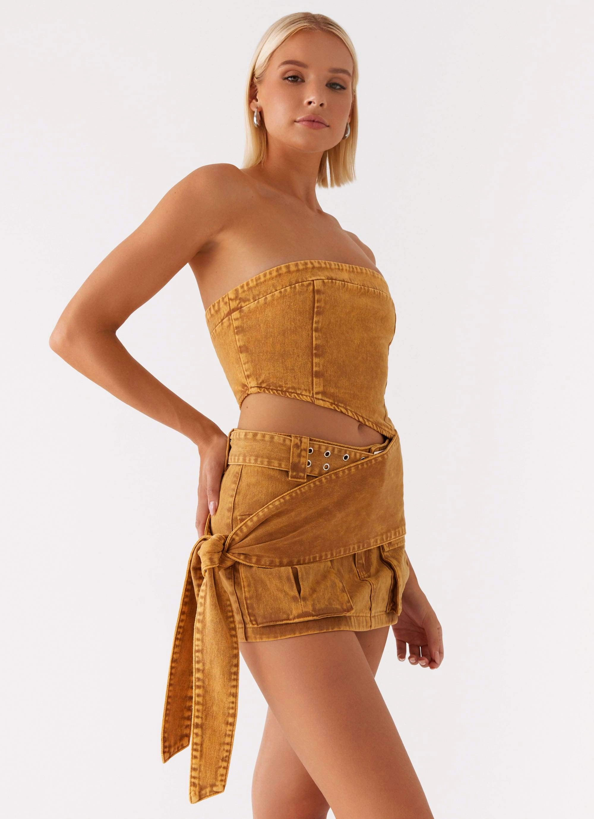 DoubleLayered Collar AdjustableDrawstring Burning Bridges Tube Top - Brown