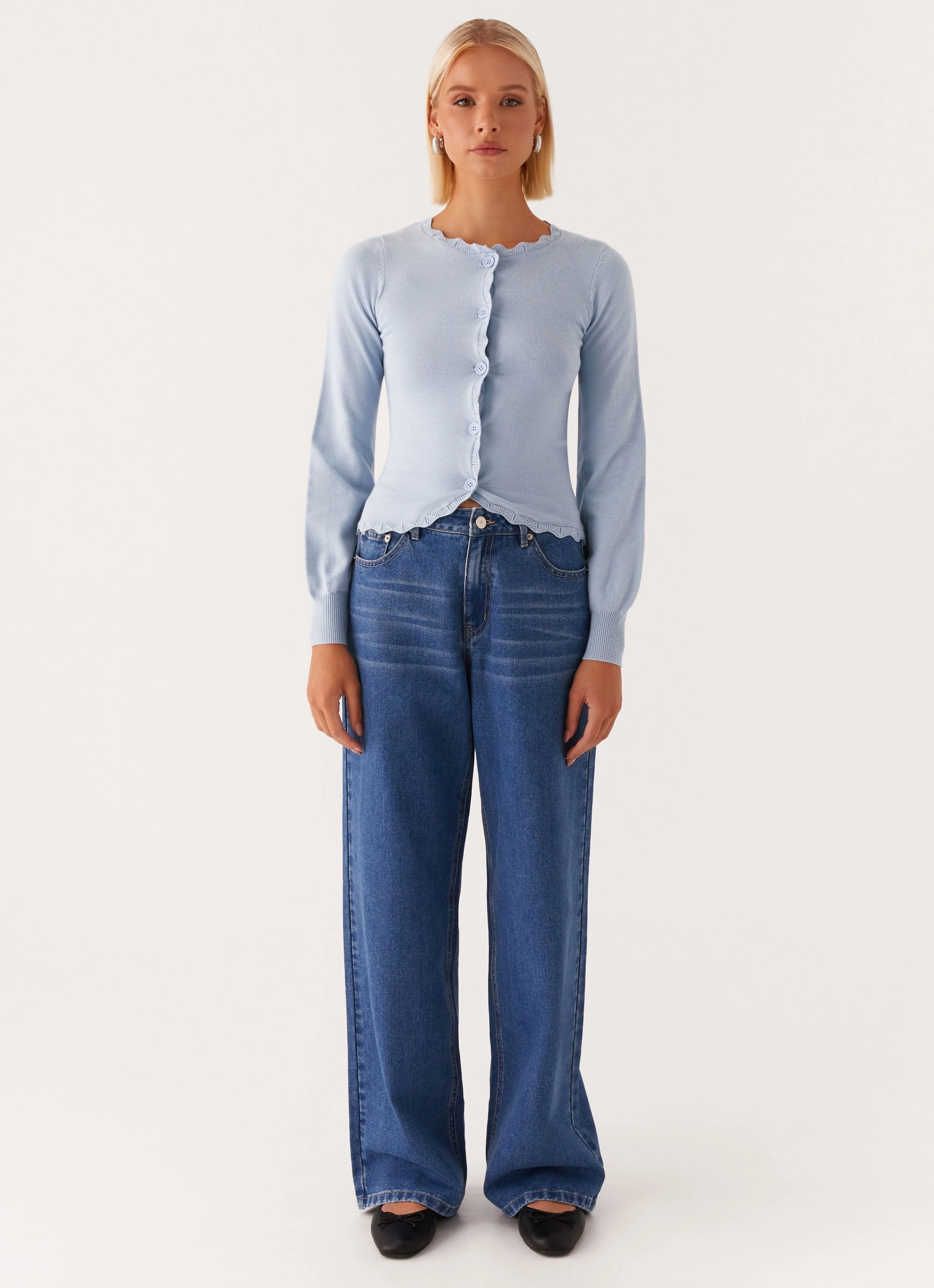 Drop Shoulder Design Classic Crew Neck Mikah Lace Trim Cardigan - Baby Blue