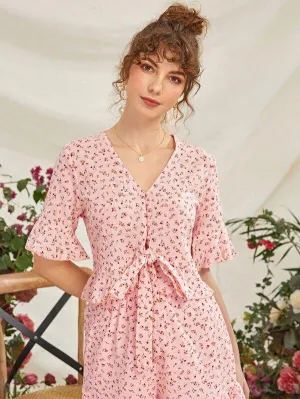 Button &amp; Tie Front Ruffle Hem Ditsy Floral Blouse