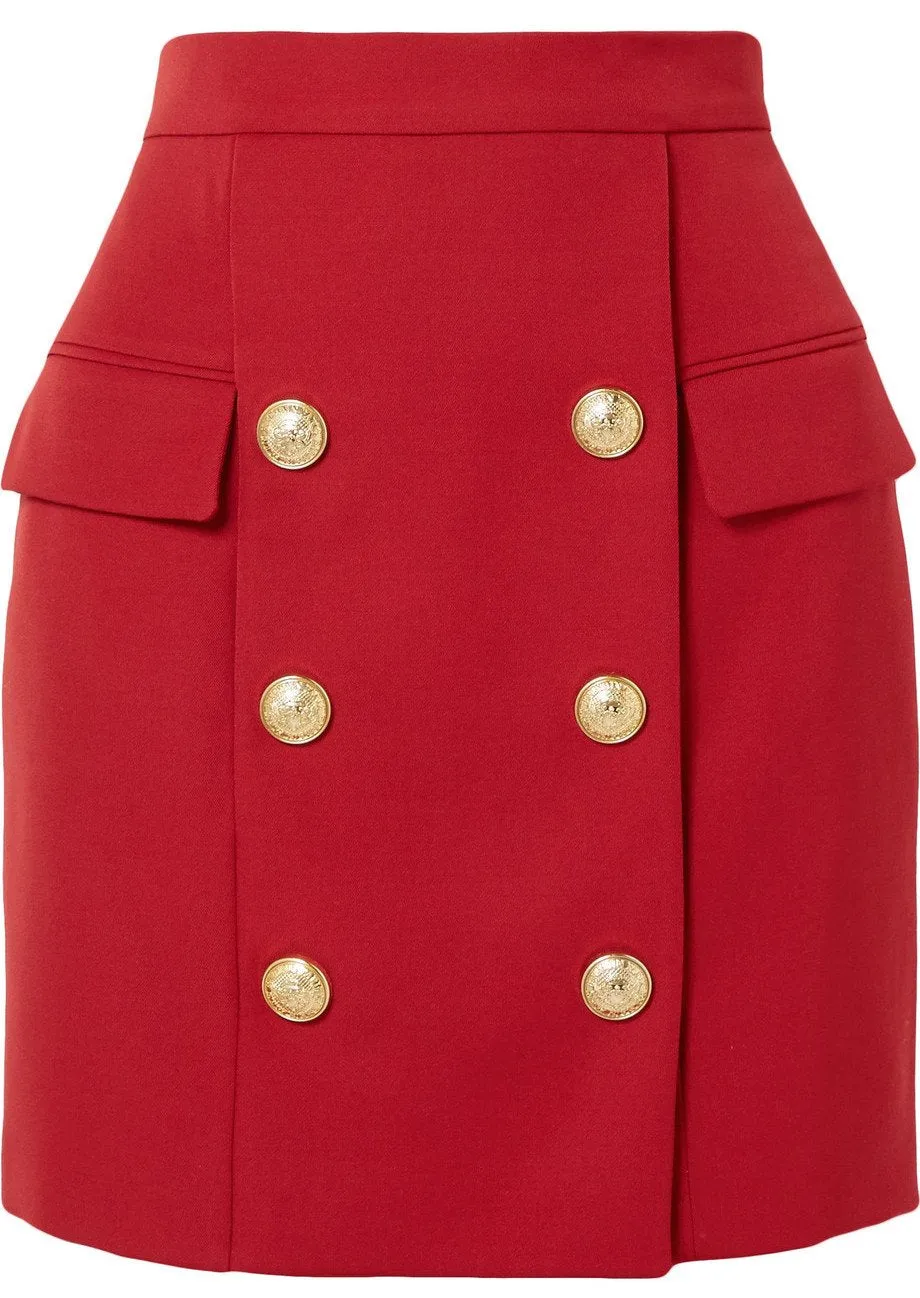 Button-Embellished Mini Skirt, Red