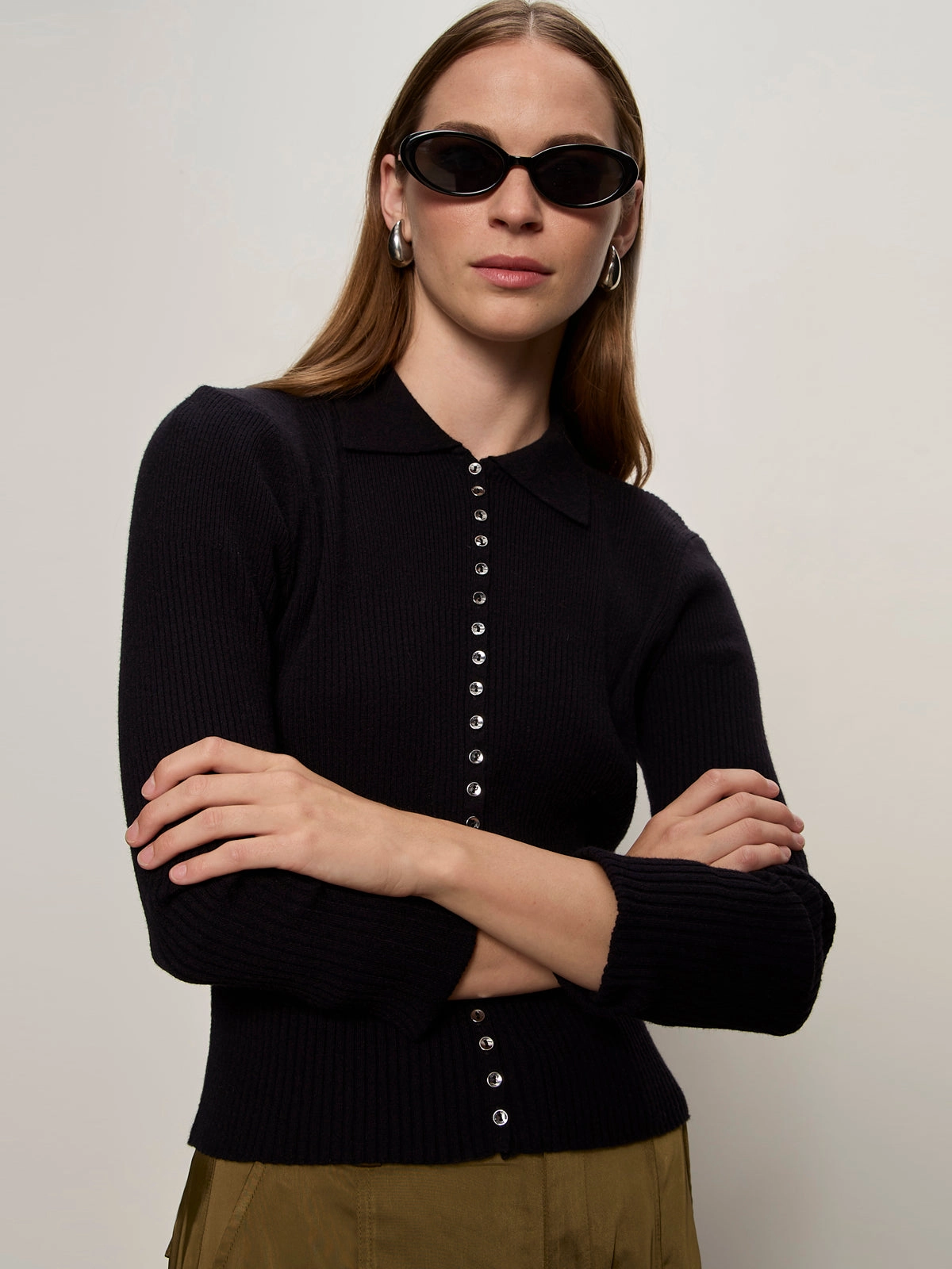 Recycled Fiber Blend Button Down Variegated Cardi Black