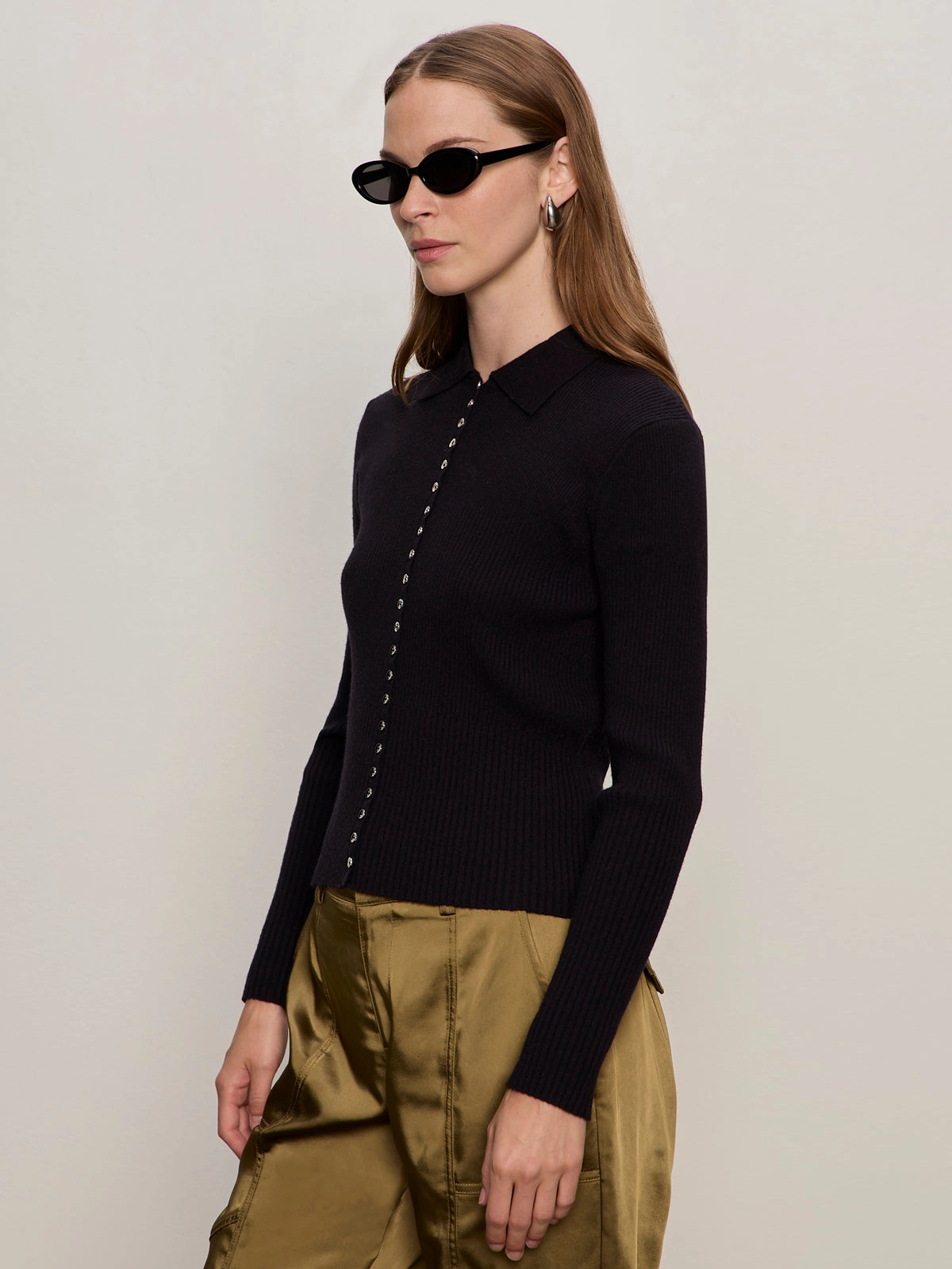 EcoConscious Production Unstructured Silhouette Button Down Variegated Cardi Black