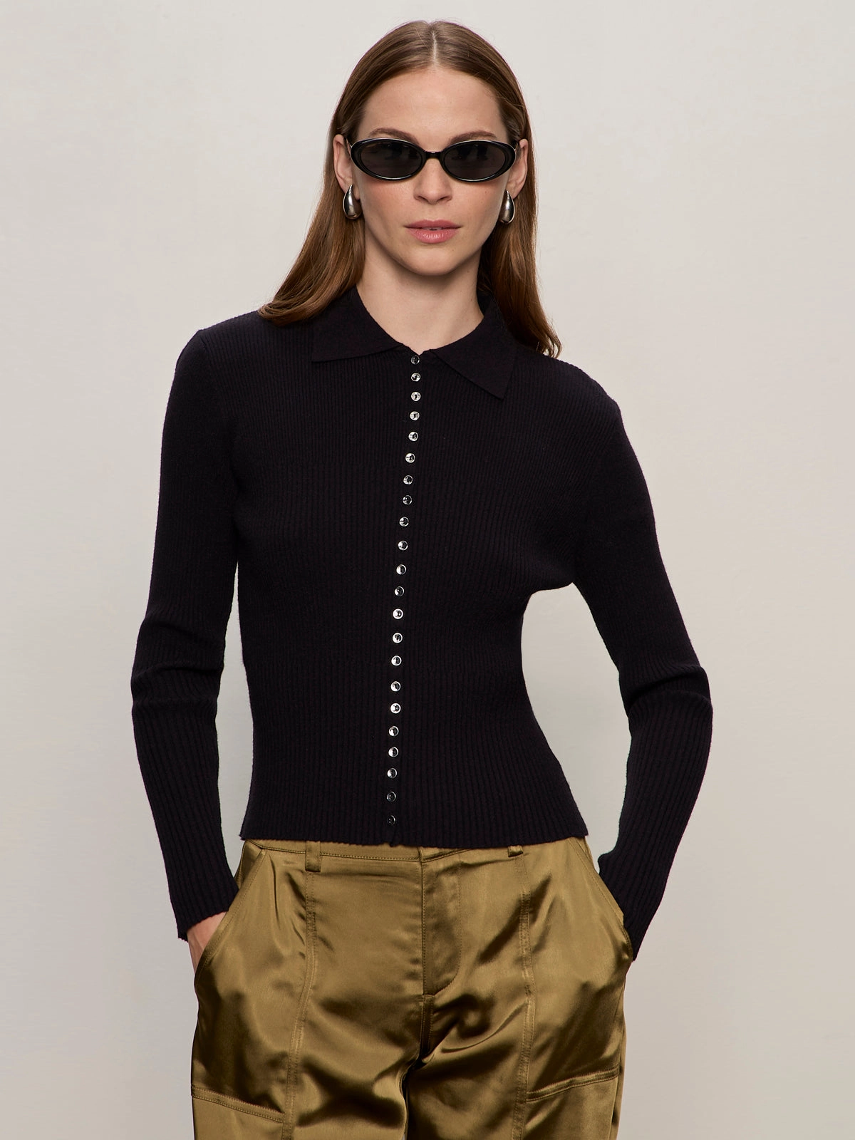 Thermo Regulating Fibers Button Down Variegated Cardi Black