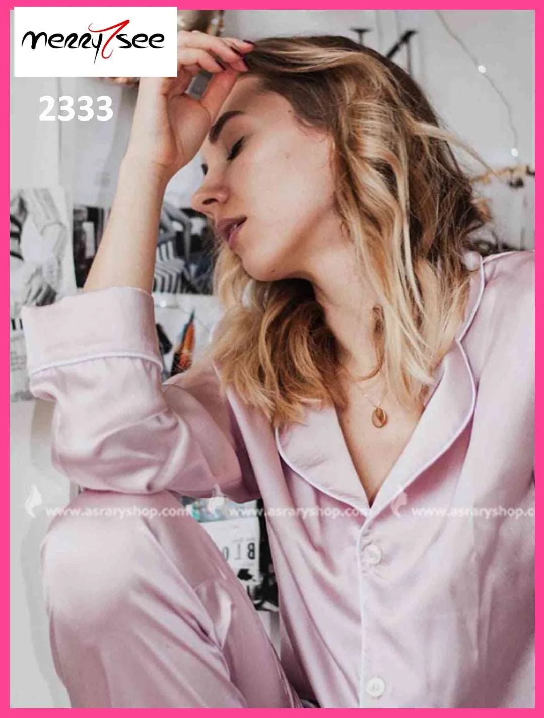 Buttoned Shirt Collar Long Satin Pajamas Set 2333