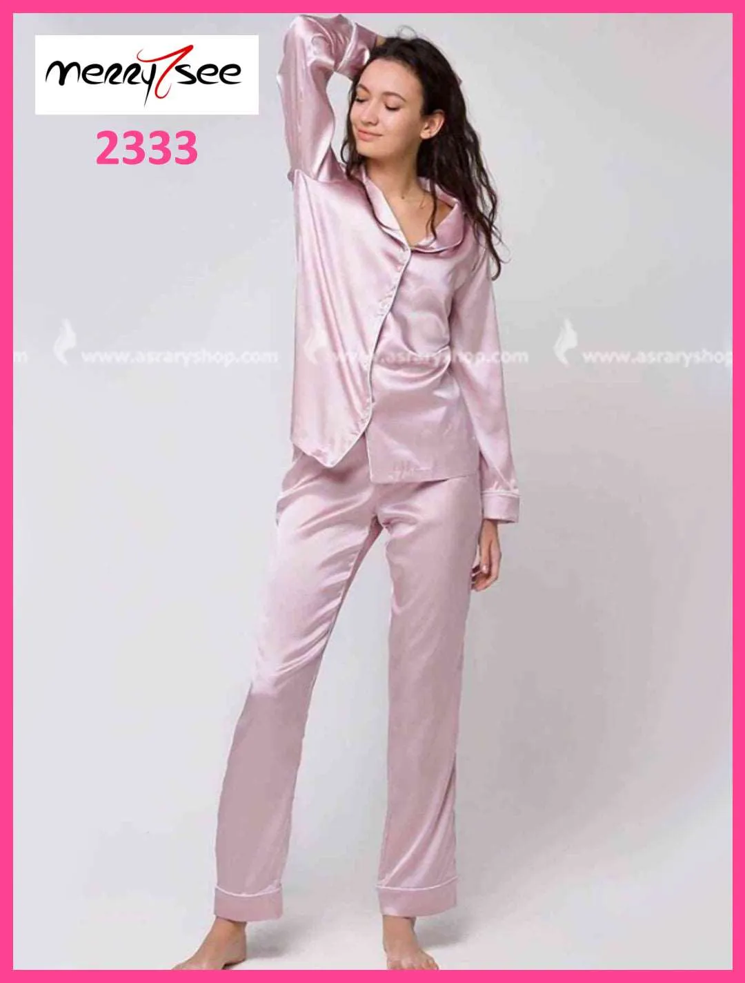 Buttoned Shirt Collar Long Satin Pajamas Set 2333