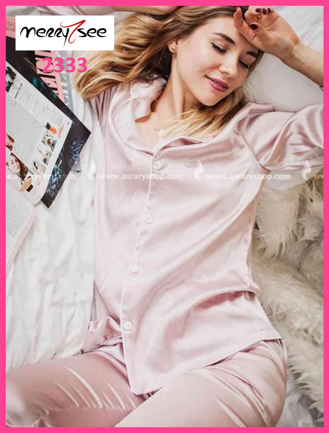 Buttoned Shirt Collar Long Satin Pajamas Set 2333