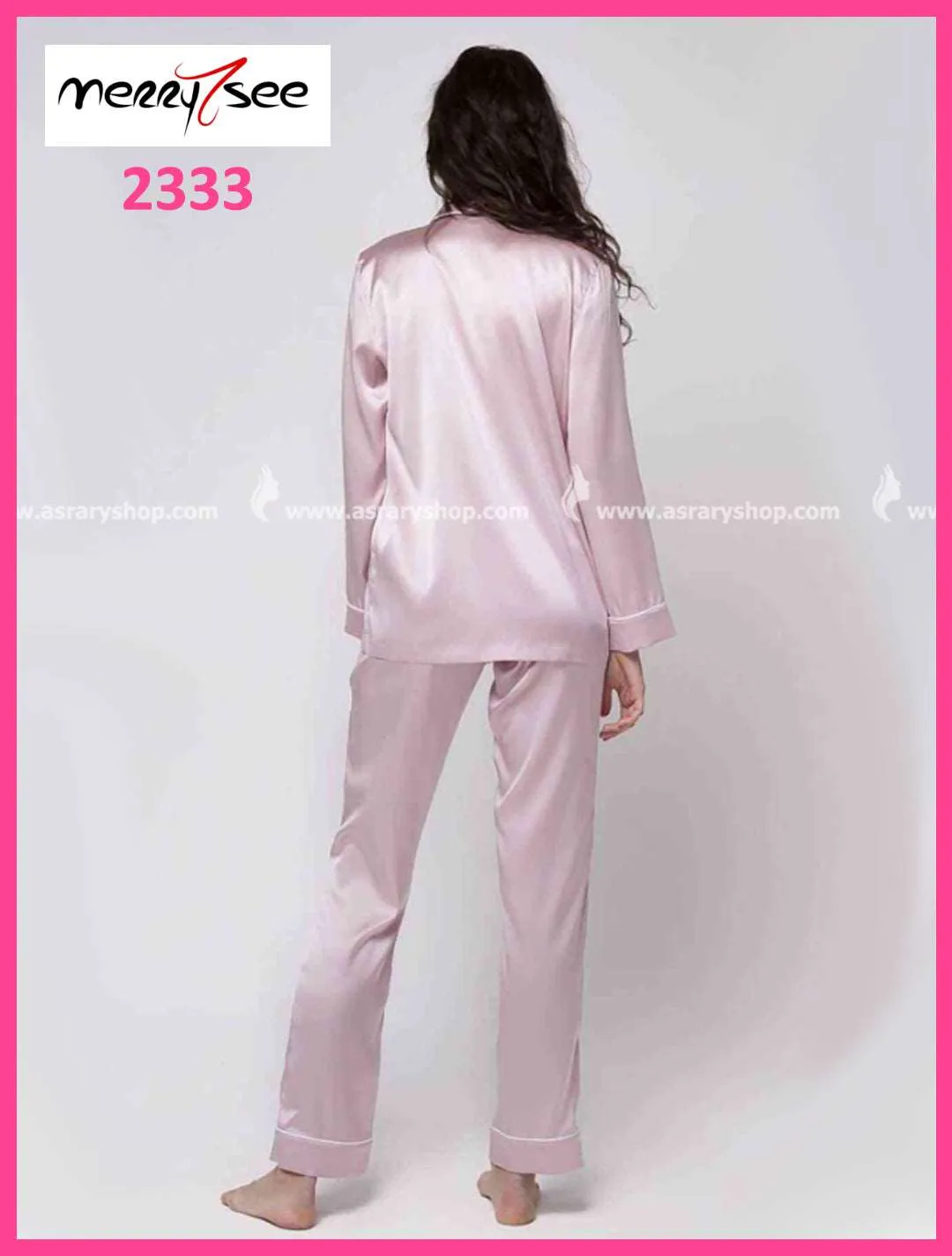 Buttoned Shirt Collar Long Satin Pajamas Set 2333