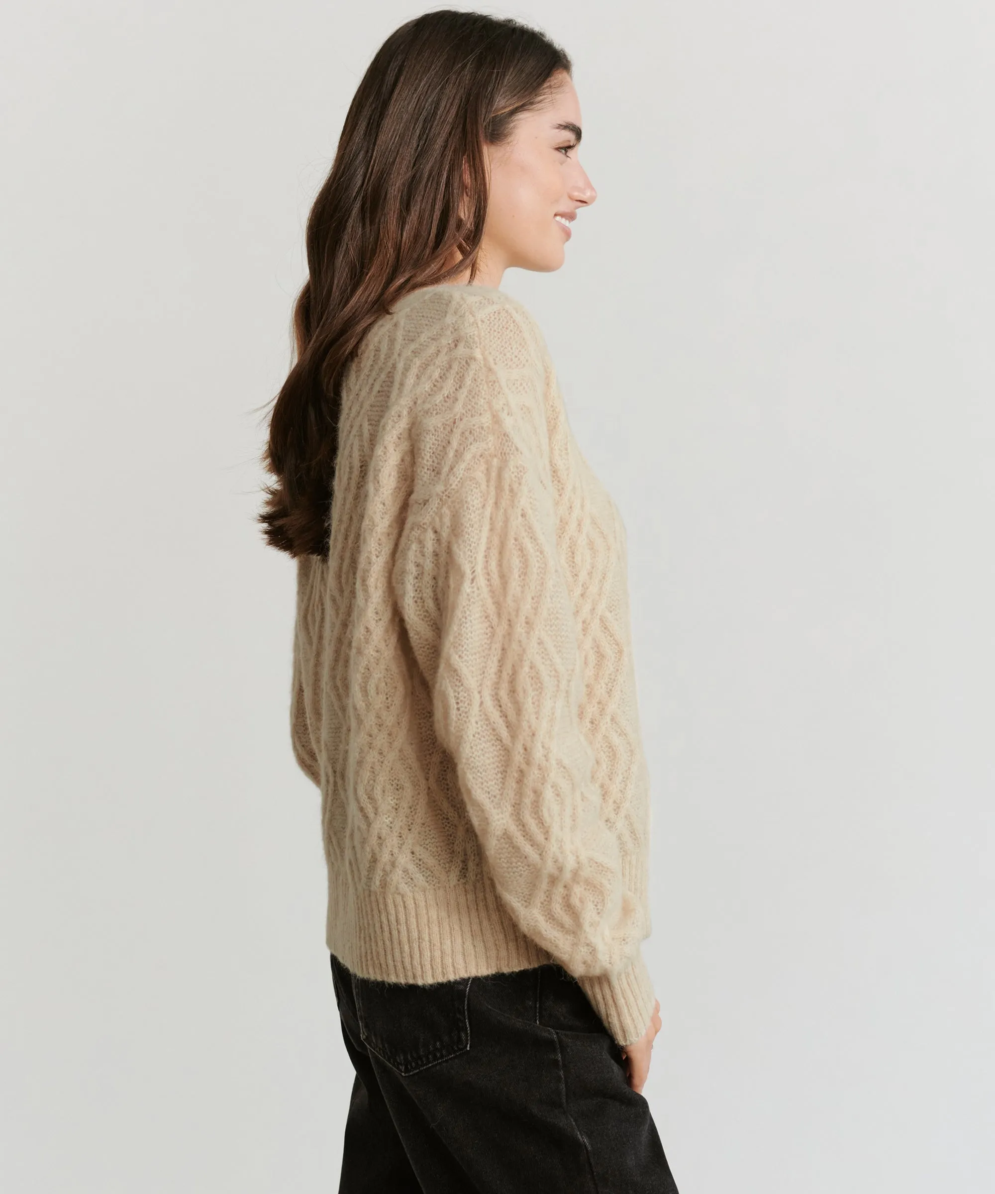 Cable Crewneck Cardigan Flexible Knit Blend