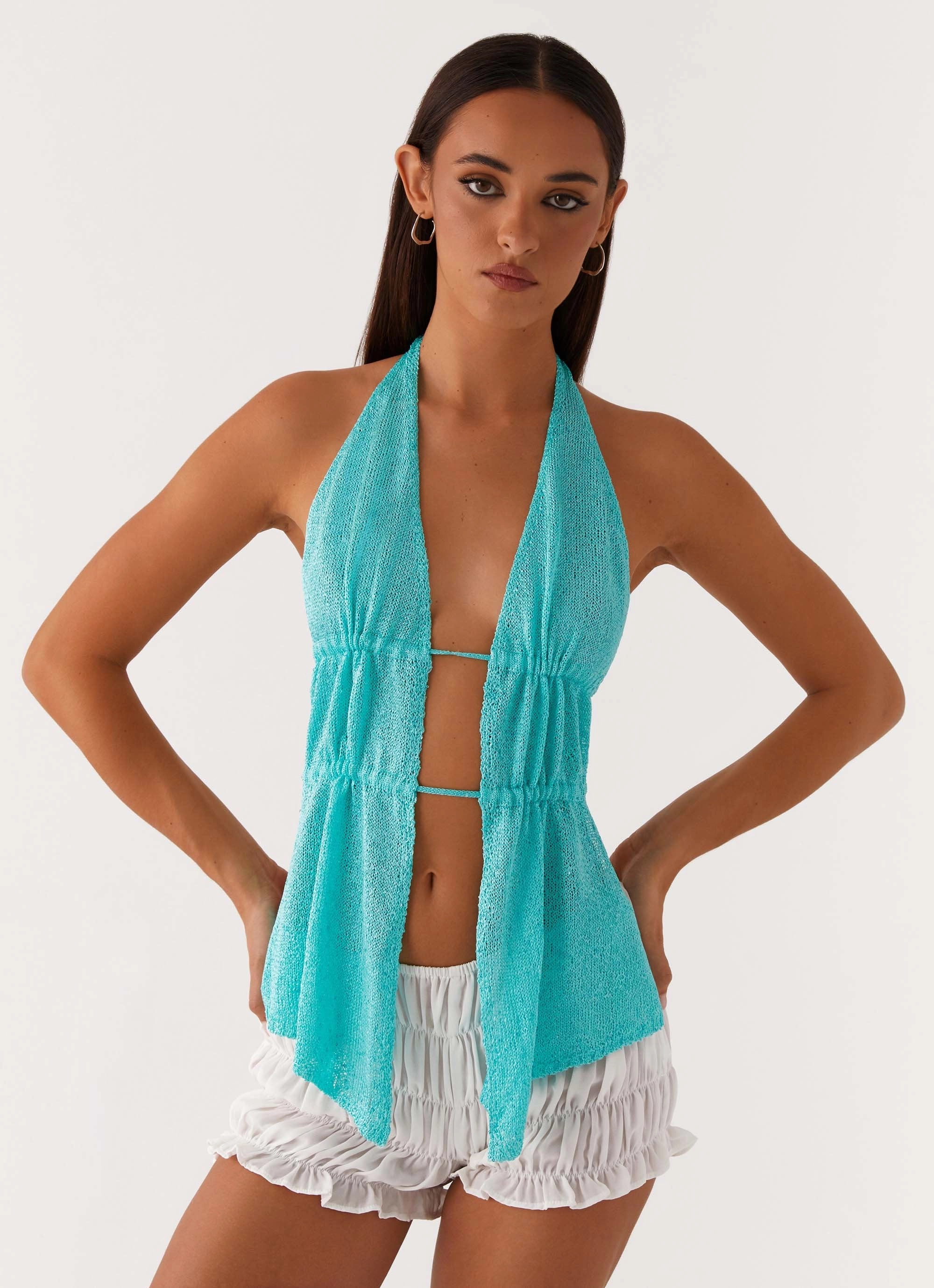 Callie Ruched Halterneck Top - Turquoise ReinforcedEdges