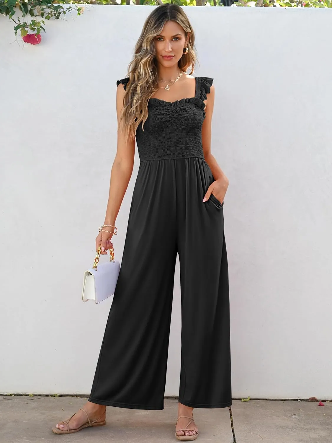 Caracilia Womens Jumpsuit Sleeveless Casual Dressy Smocked Wide Leg Rompers Summer Vacation Jumpers with Pockets 2025 Outfits