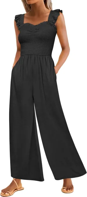 Caracilia Womens Jumpsuit Sleeveless Casual Dressy Smocked Wide Leg Rompers Summer Vacation Jumpers with Pockets 2025 Outfits