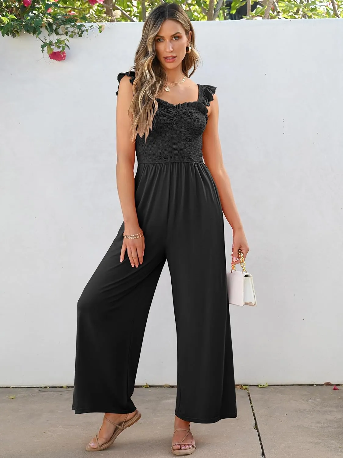 Caracilia Womens Jumpsuit Sleeveless Casual Dressy Smocked Wide Leg Rompers Summer Vacation Jumpers with Pockets 2025 Outfits