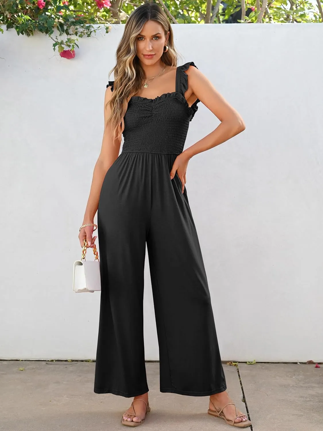 Caracilia Womens Jumpsuit Sleeveless Casual Dressy Smocked Wide Leg Rompers Summer Vacation Jumpers with Pockets 2025 Outfits