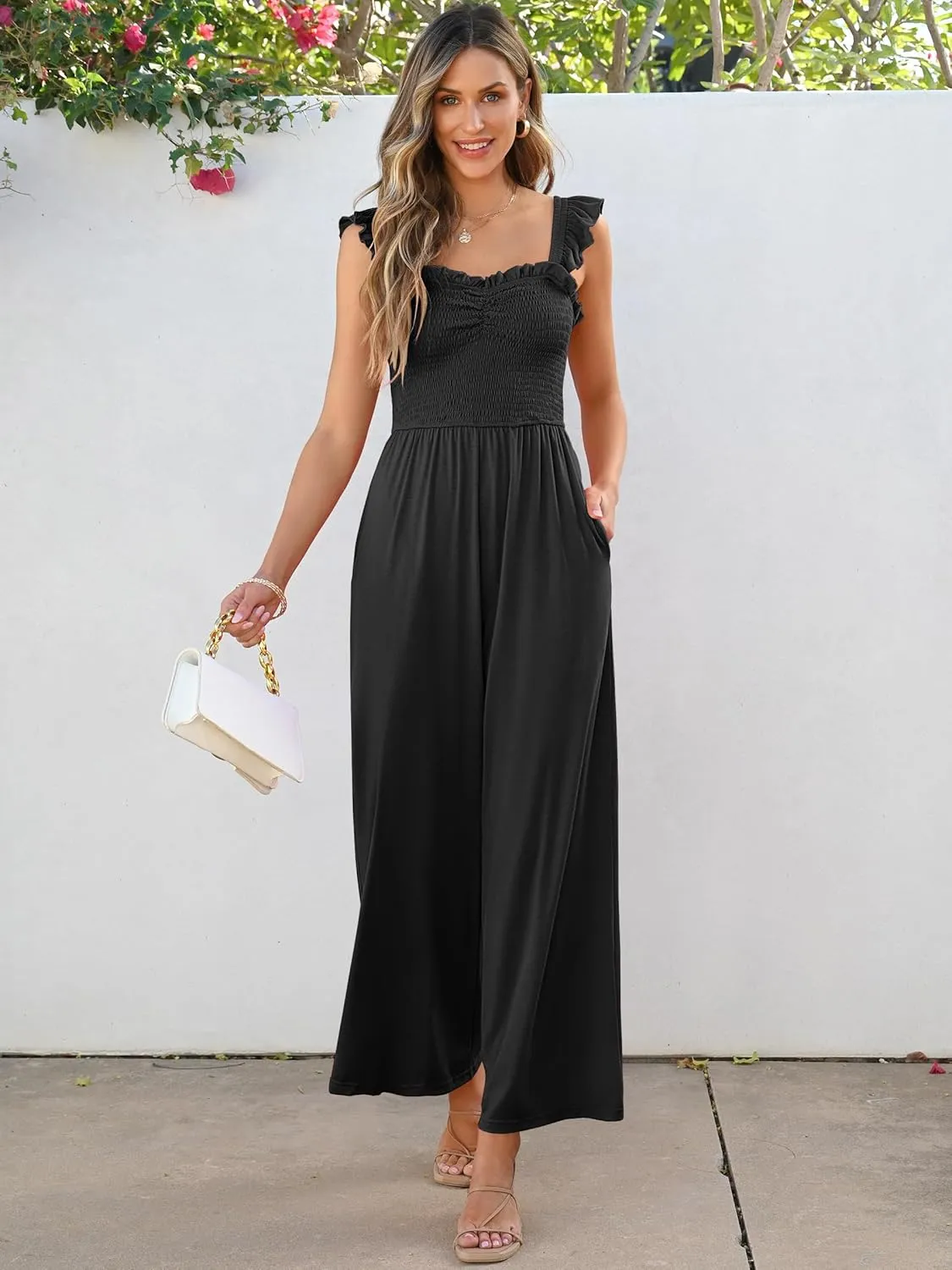 Caracilia Womens Jumpsuit Sleeveless Casual Dressy Smocked Wide Leg Rompers Summer Vacation Jumpers with Pockets 2025 Outfits