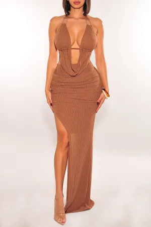 Caramel Draped Plunge Neckline Slit Skirt Two Piece Set