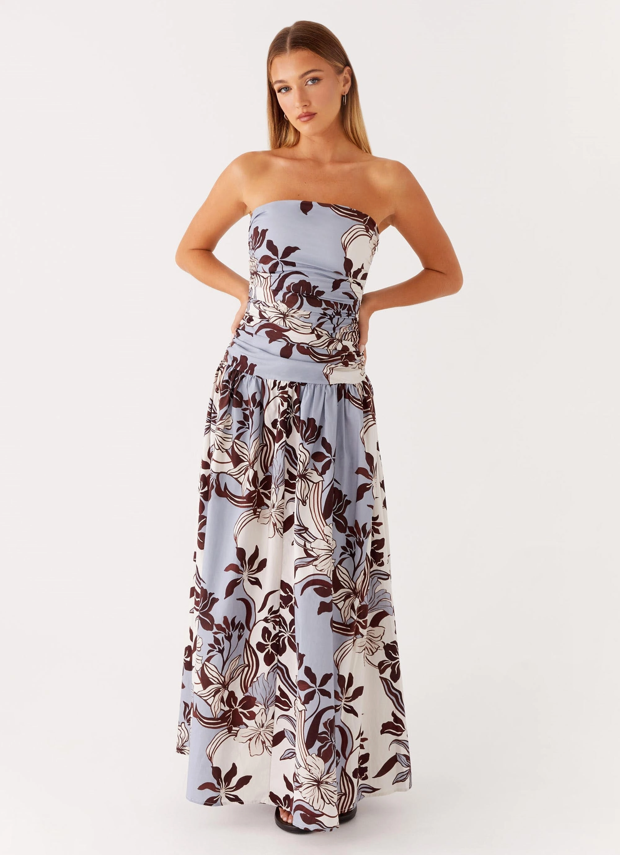 Carmel Maxi Dress - Bluewood Blossom Sleek Tailoring Velvet-Edge