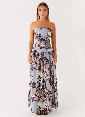 Carmel Maxi Dress - Bluewood Blossom Boho Style ConvertibleNeckline Carmel Maxi Dress - Bluewood Blossom