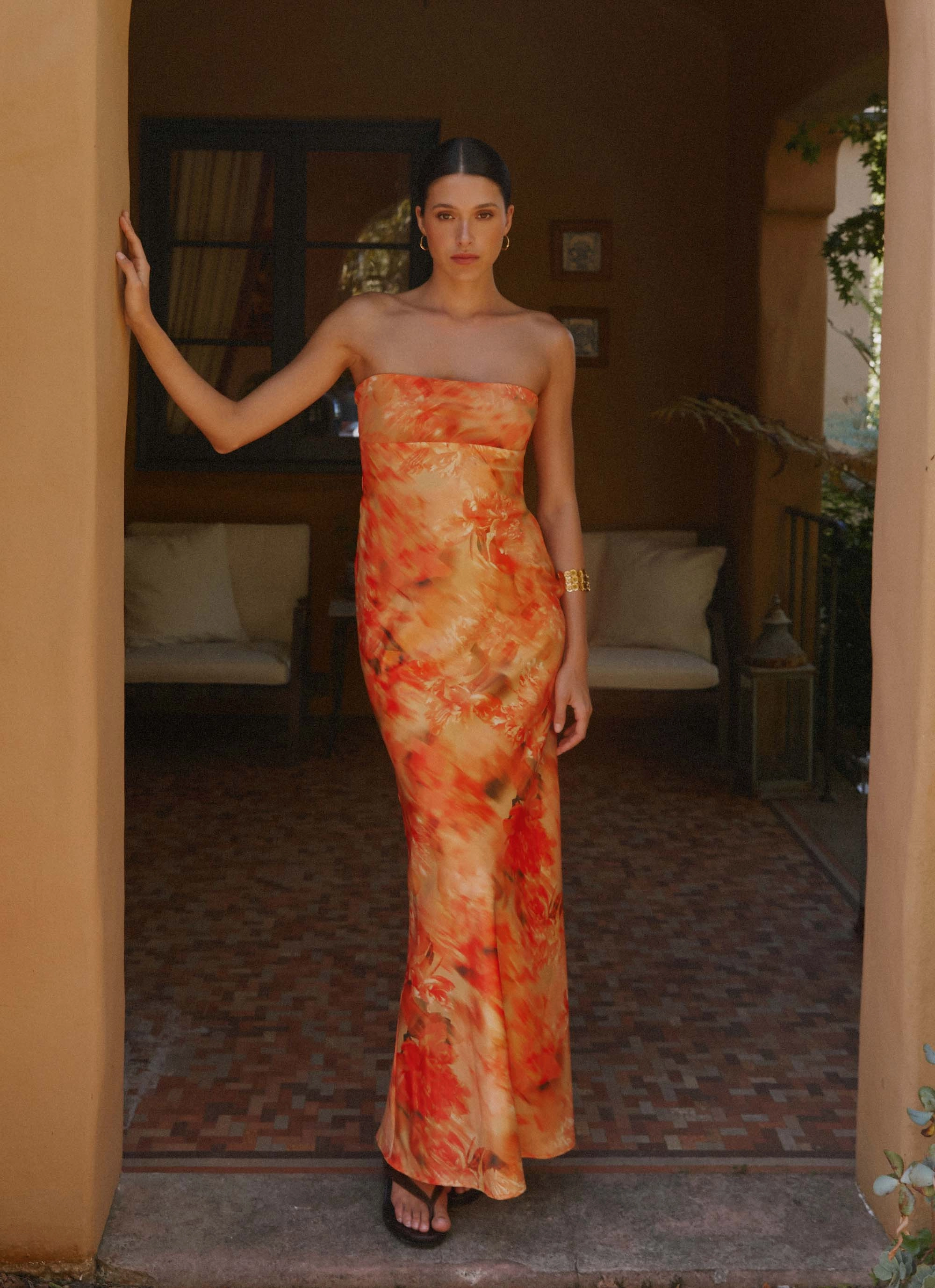 Carmen Maxi Dress - Sunset Floral Bow Soft Fresh Glow
