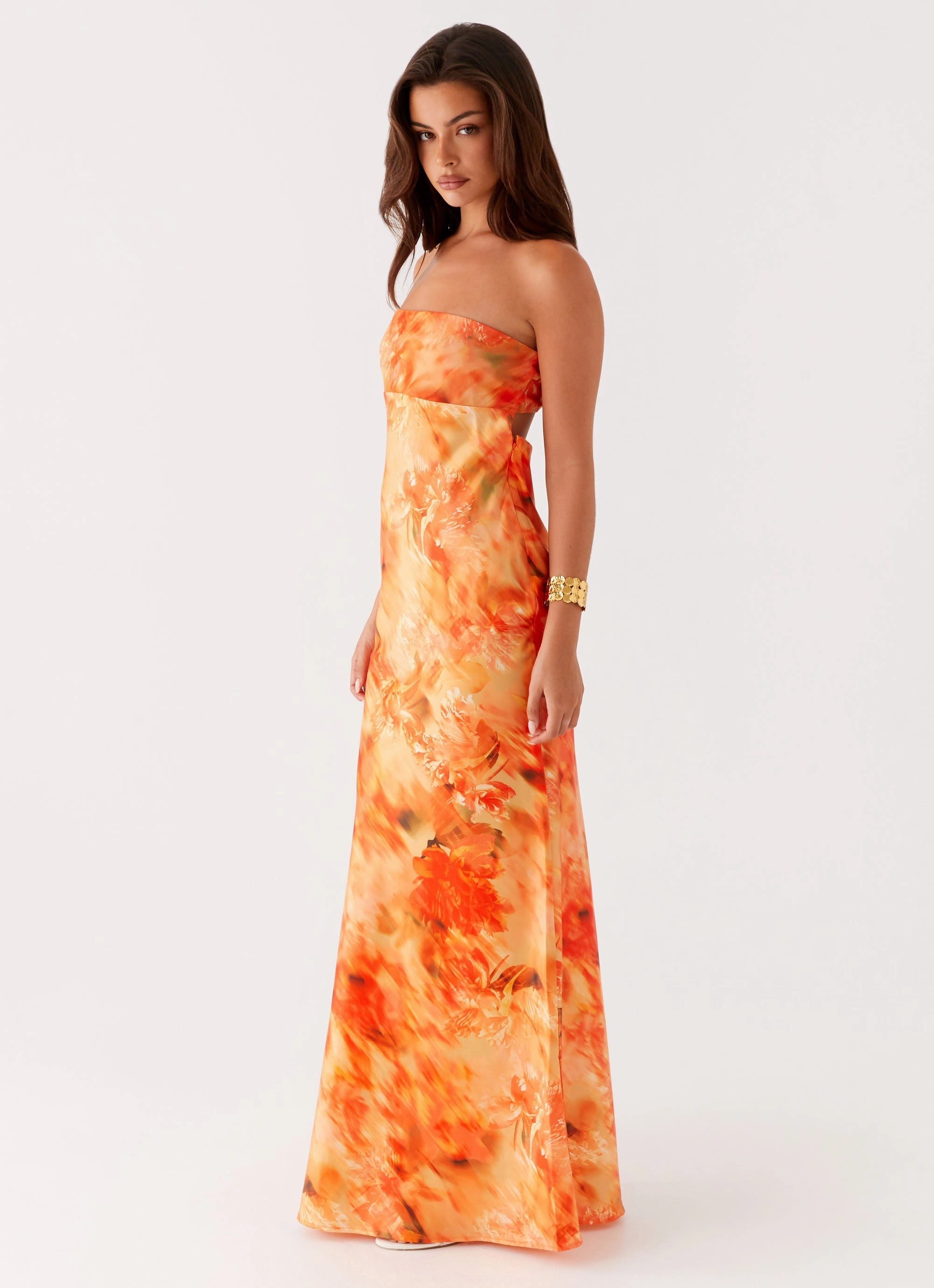 Carmen Maxi Dress - Sunset Floral Vibrant Layer Front-Slit