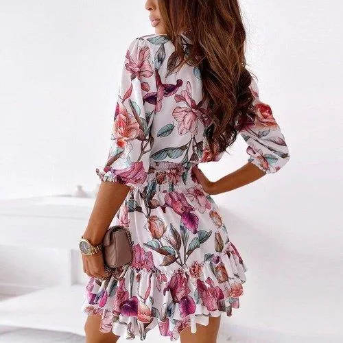 Cascaded Ruffle Floral Print A-Line Half Sleeve Mini Dress