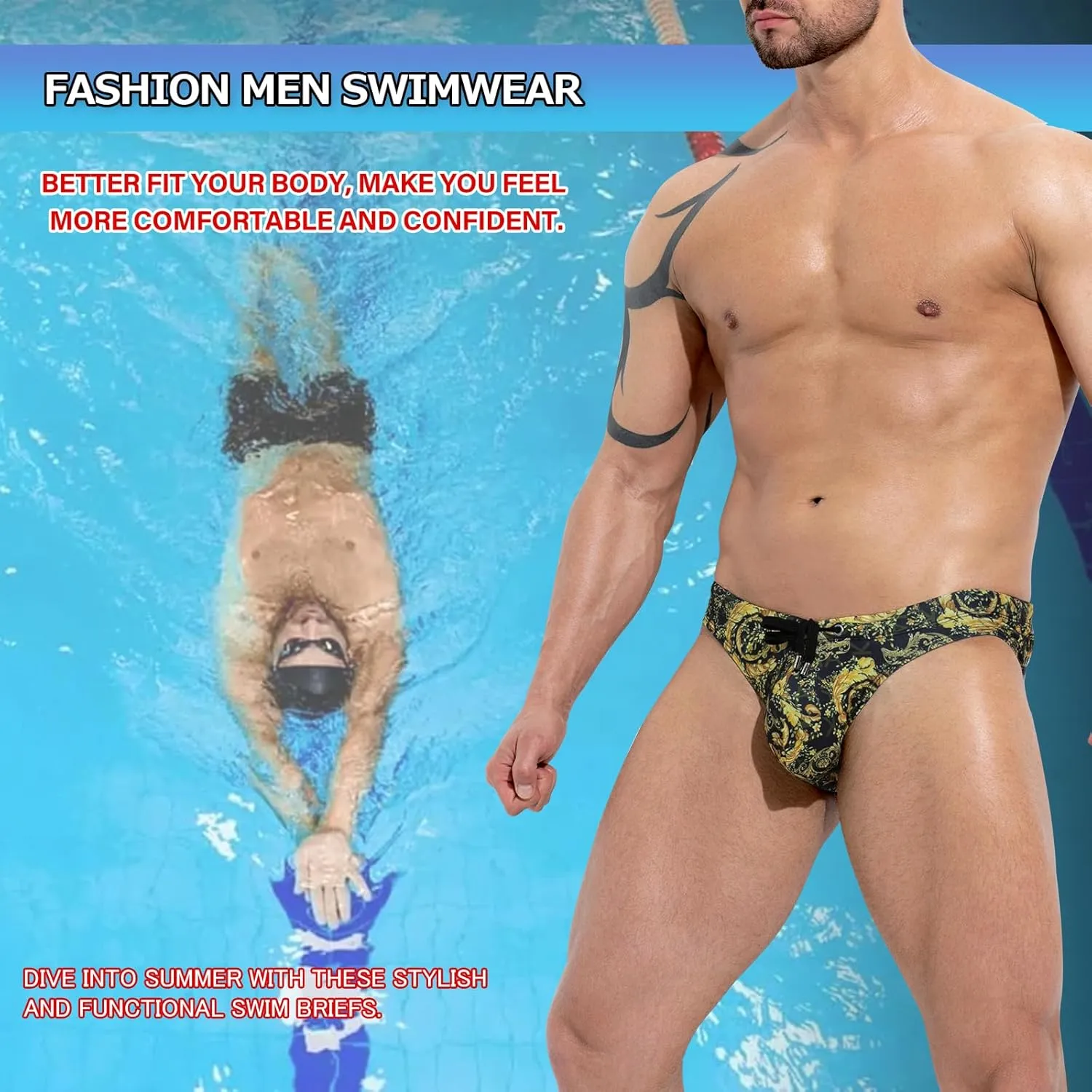 Casey Kevin Men's Triangle Swimming Brief Sexy Low Waist Swimwear Printed Bikini Surf Bathing Swimsuits
