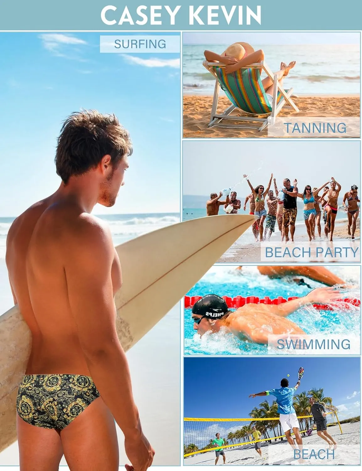 Casey Kevin Men's Triangle Swimming Brief Sexy Low Waist Swimwear Printed Bikini Surf Bathing Swimsuits